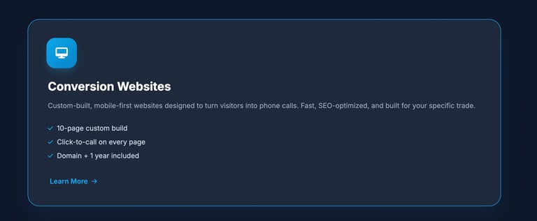 Conversion Websites service card featuring icon, description of custom mobile-first websites for lead generation, and key features list